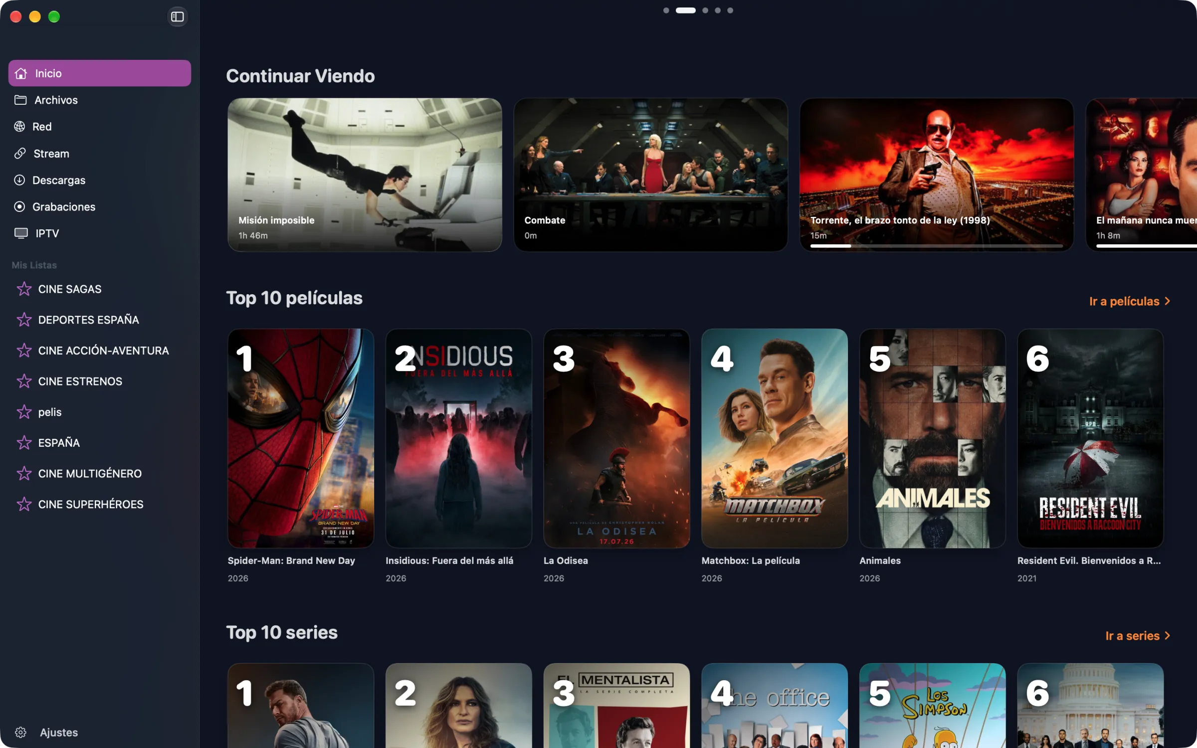 Inicio con Top 10 y Continuar viendo